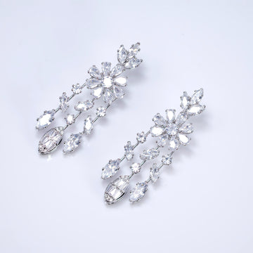 CZ Dainty Fleur d’Éclat Diamond Tassel Drop Crystal, Diamond Leaves Earrings, Long Bridal Jewelry, Bridal Earrings, Crystal Bridal Earrings